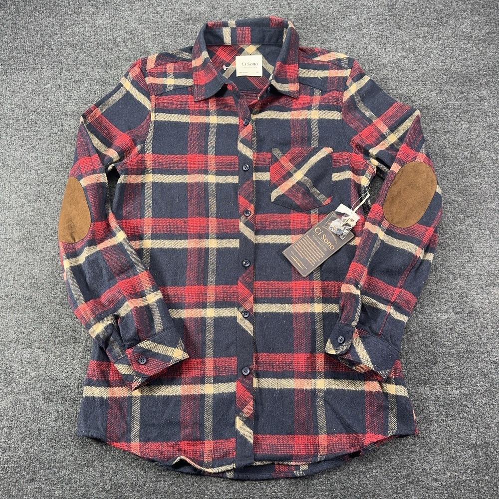 Women's Ci Sono Plaid Collection Button Up Flannel Shirt Elbow Patch M NWT